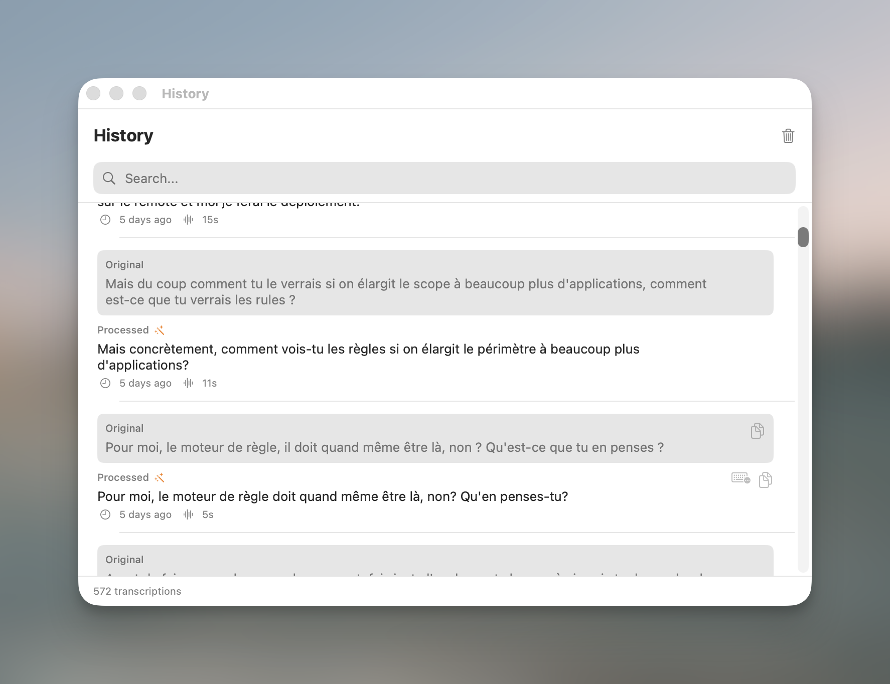 The History window listing past dictations with original and processed text