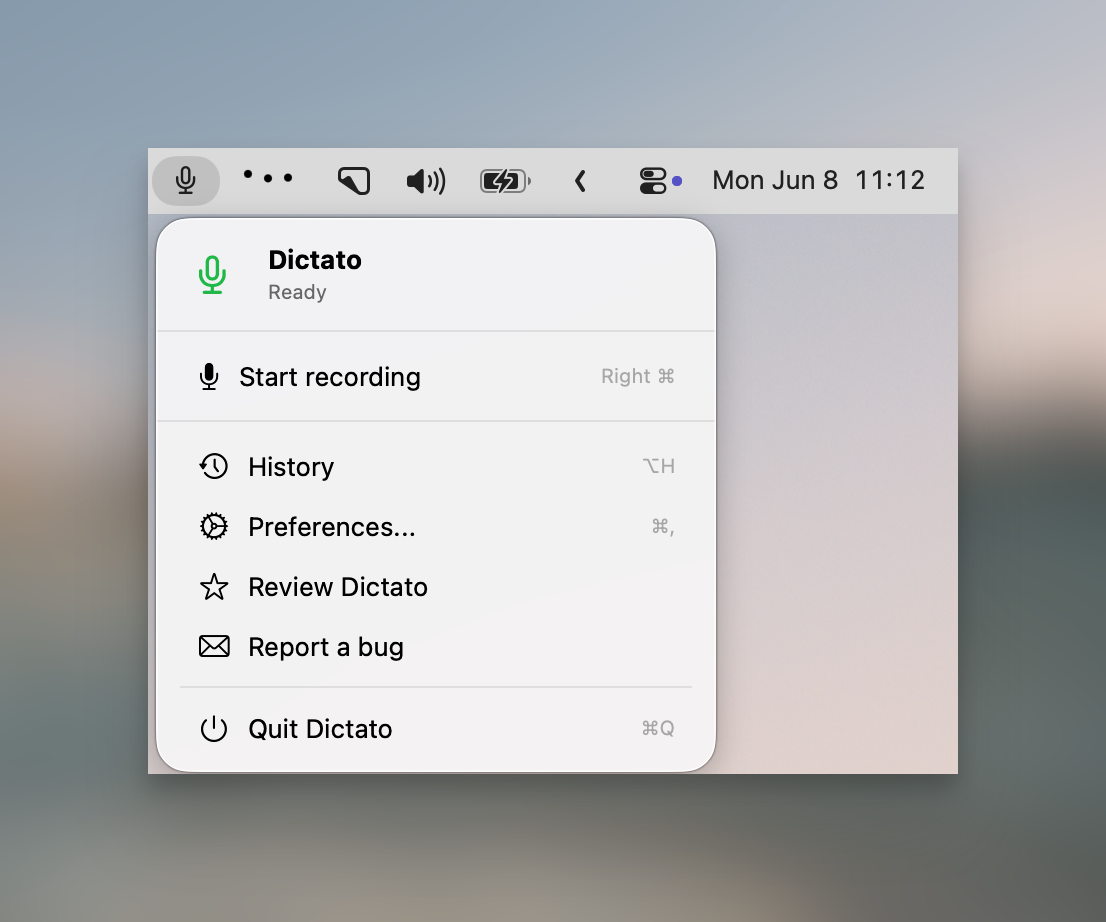 Dictato menu bar panel showing the status, start recording button, and menu items