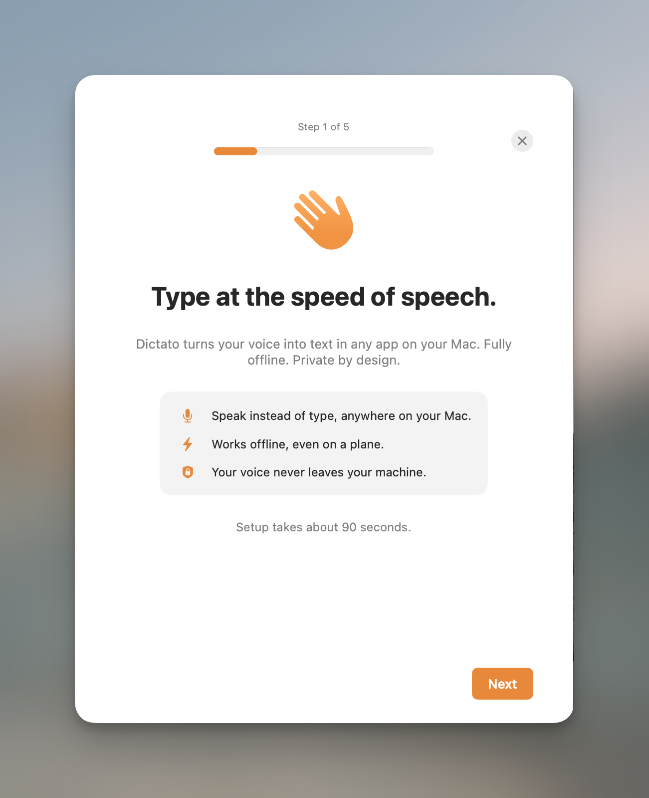 Dictato setup assistant, showing the step progress and a recording demo