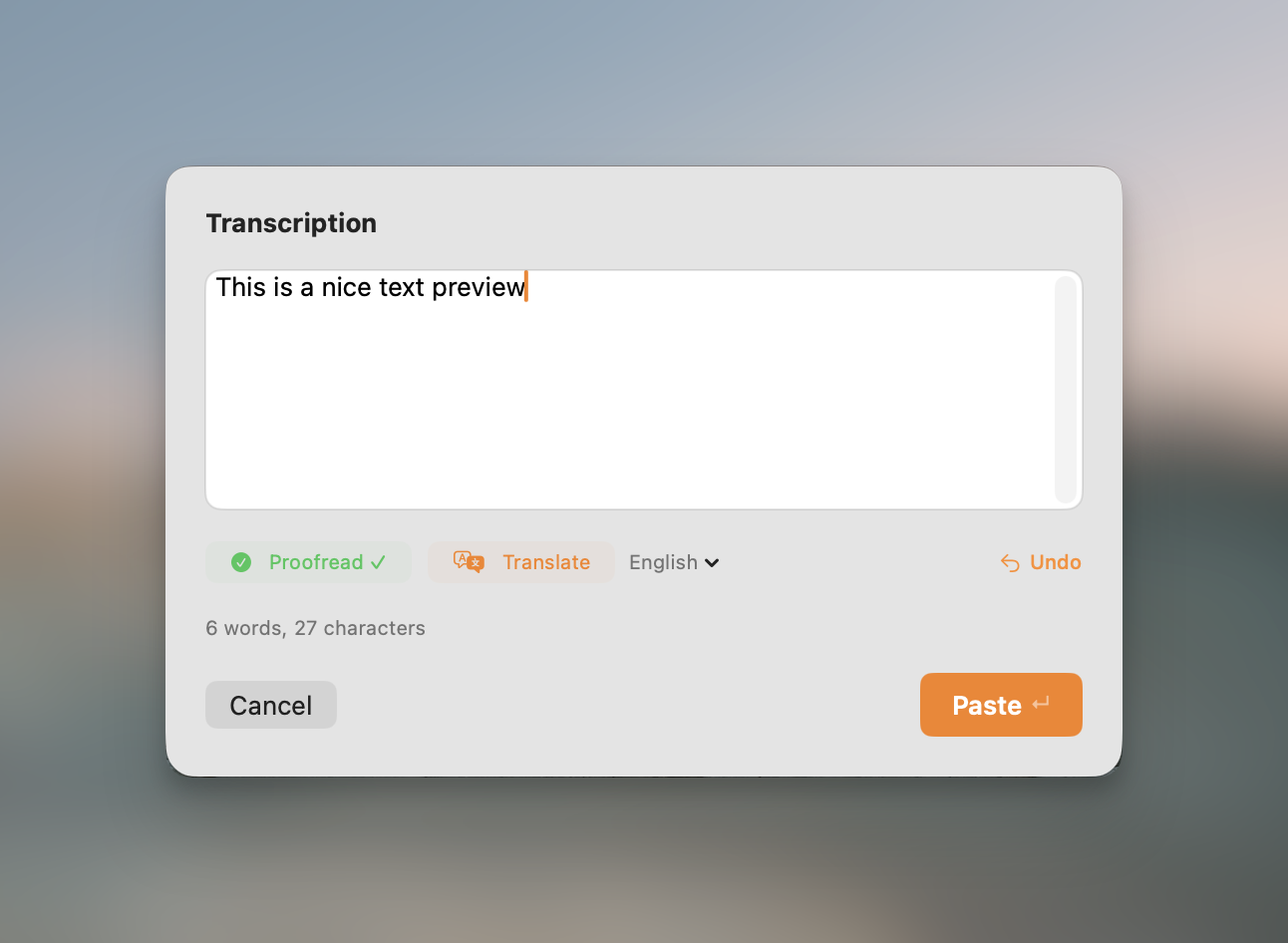 The preview window showing transcribed text before insertion