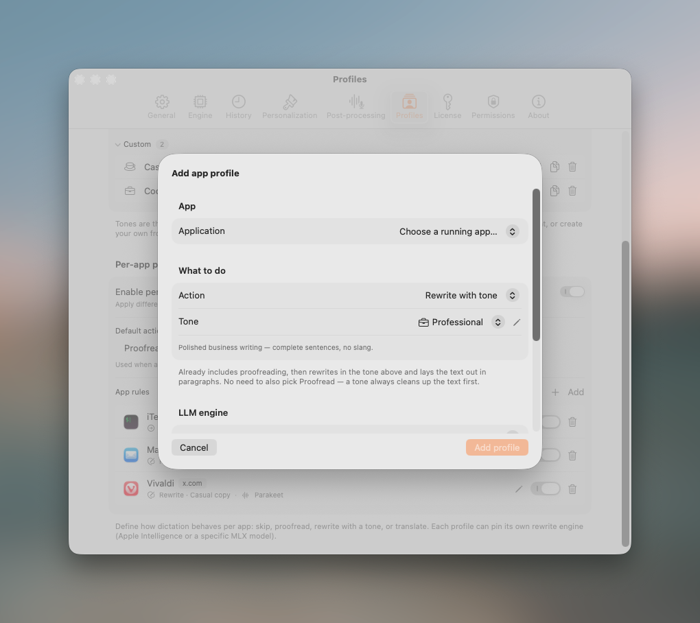 The Add Rule sheet for creating a per-app profile