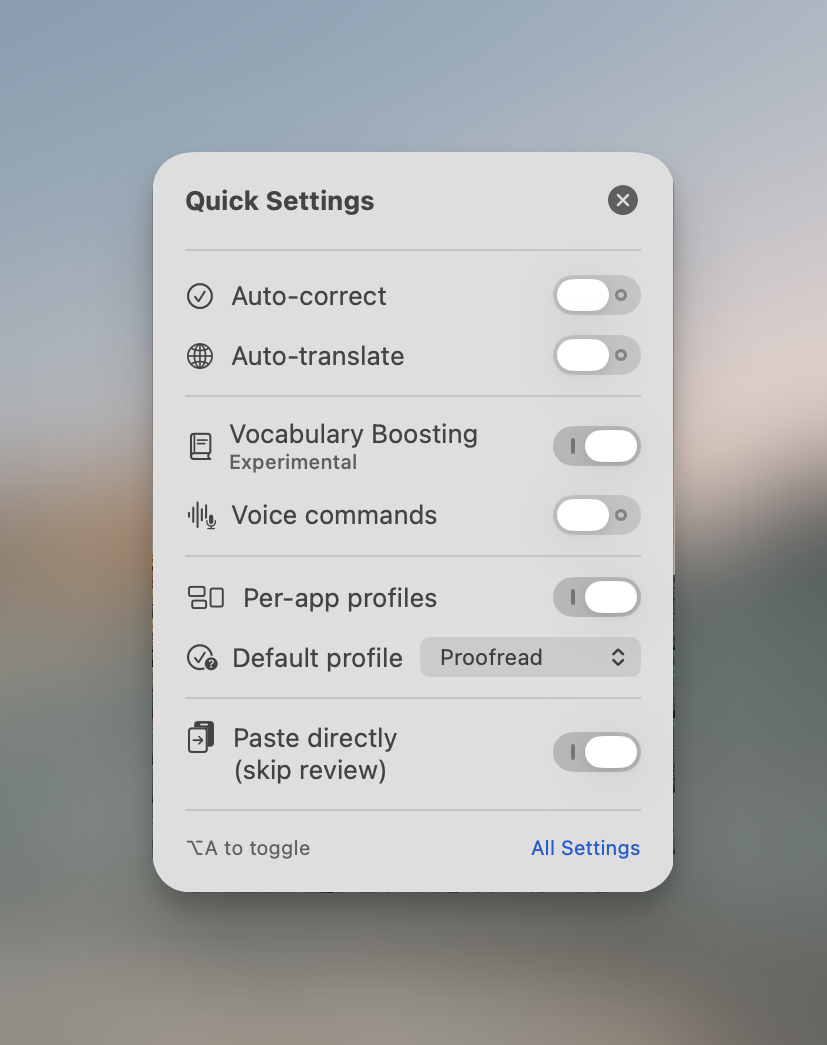 The Quick Settings floating panel with toggles
