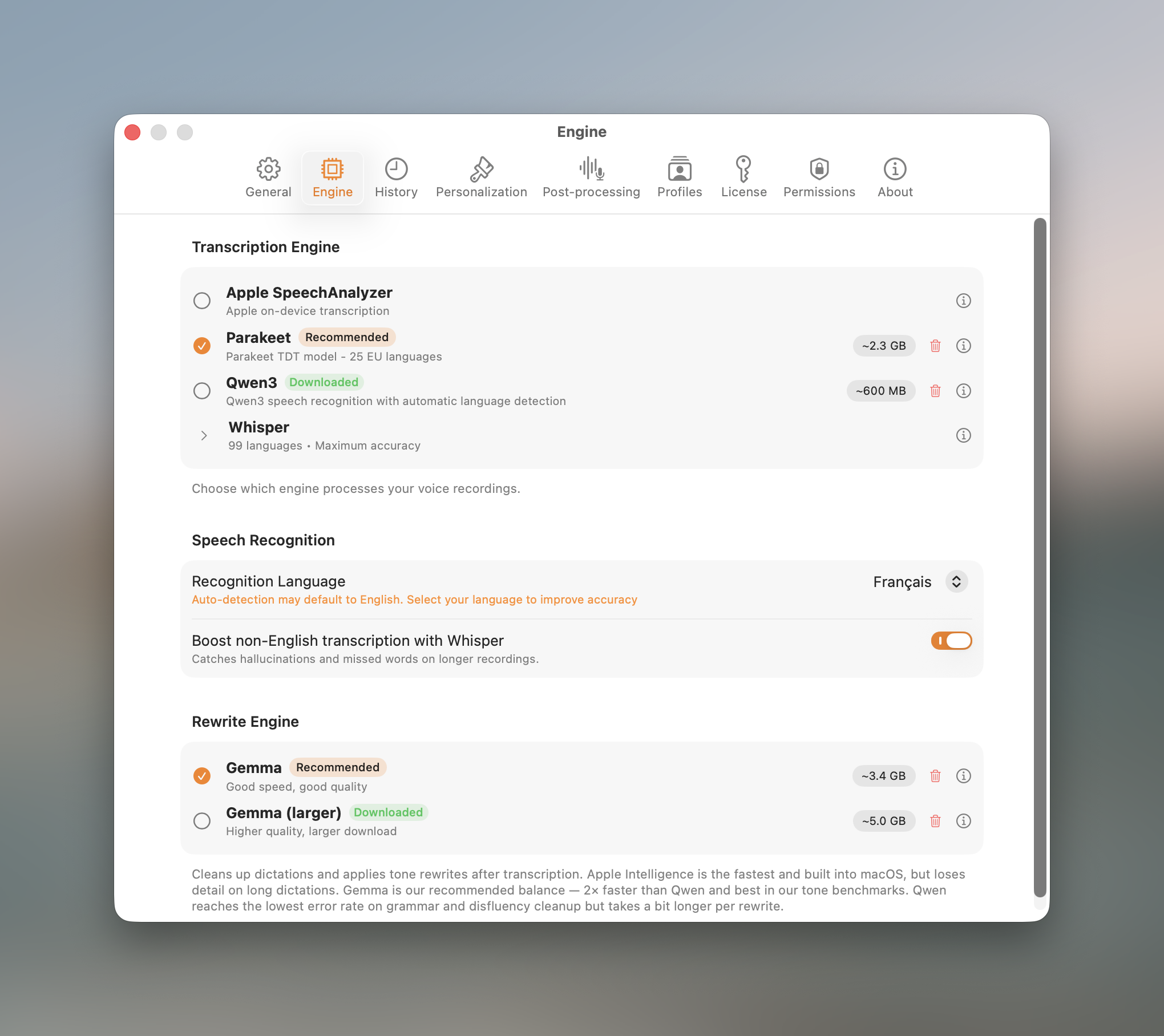 Settings Engine tab with the transcription engine picker