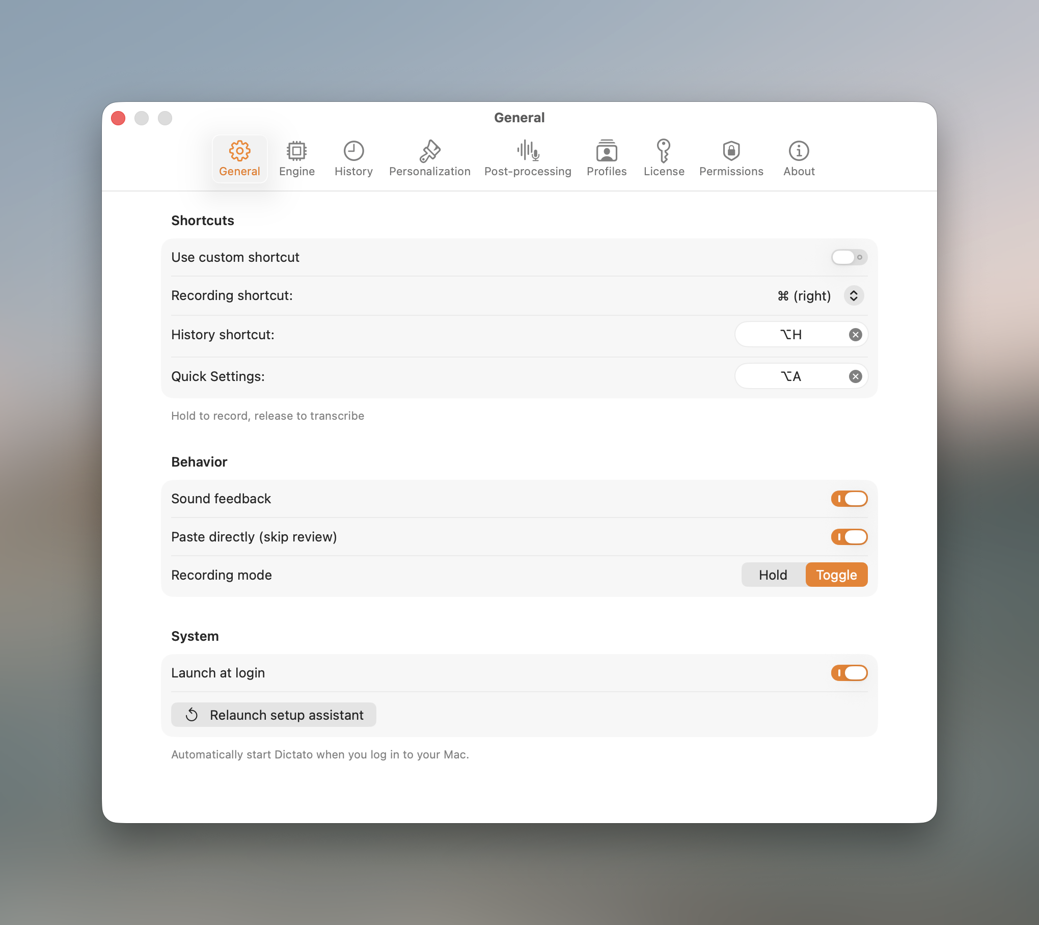 Settings General tab