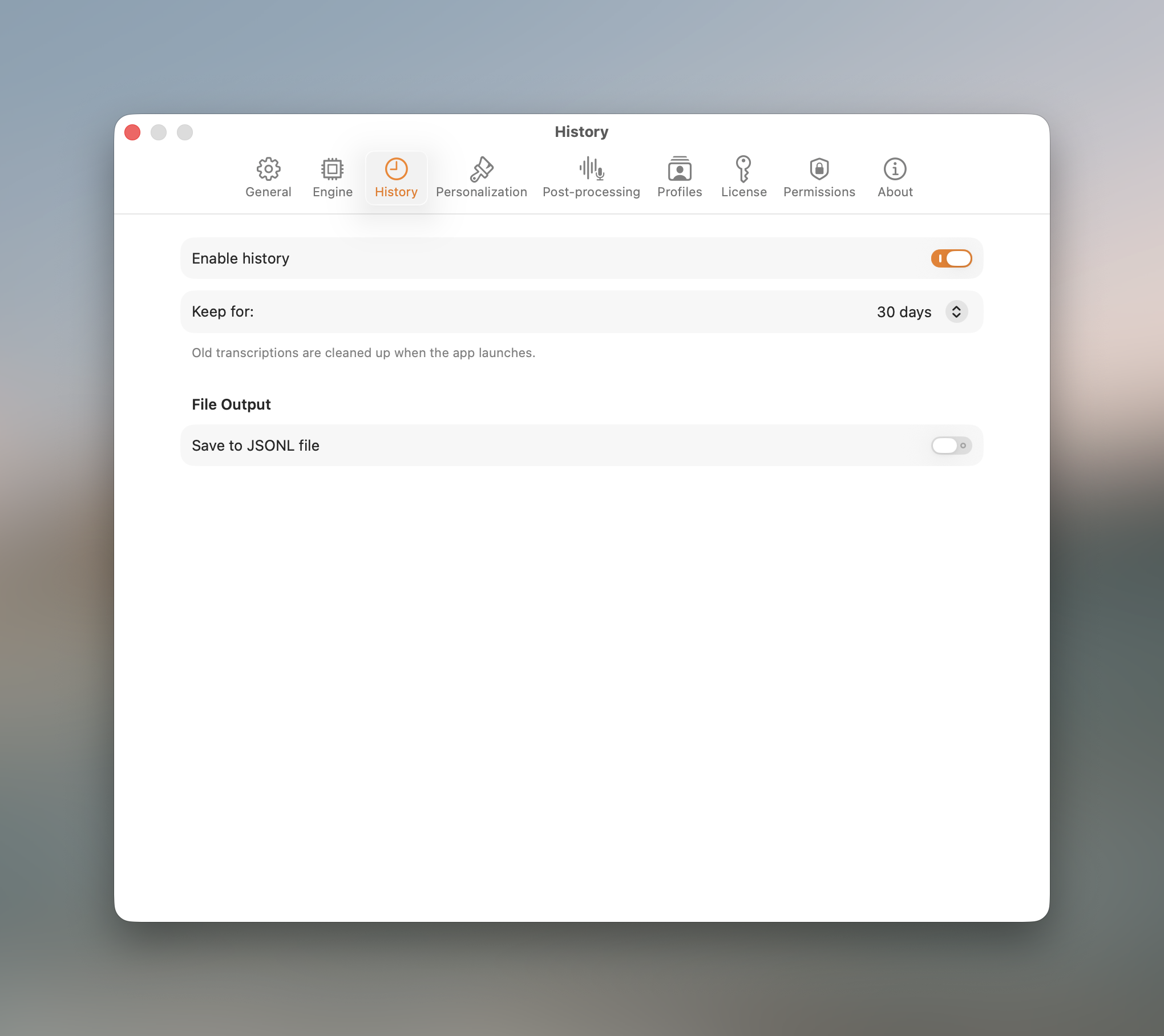Settings History tab