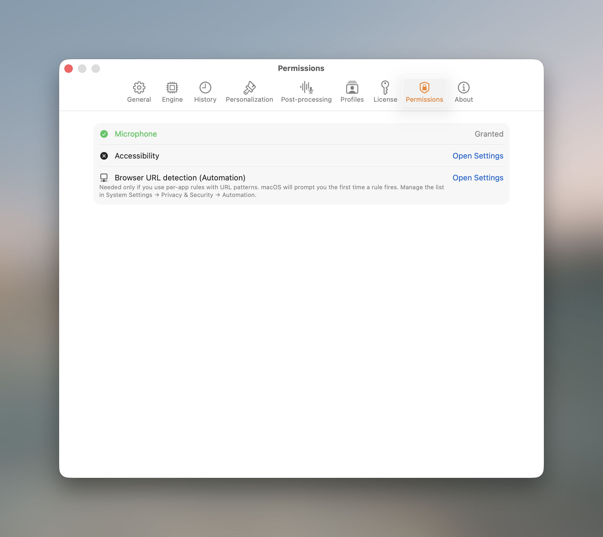 Settings Permissions tab showing microphone, accessibility, and automation status