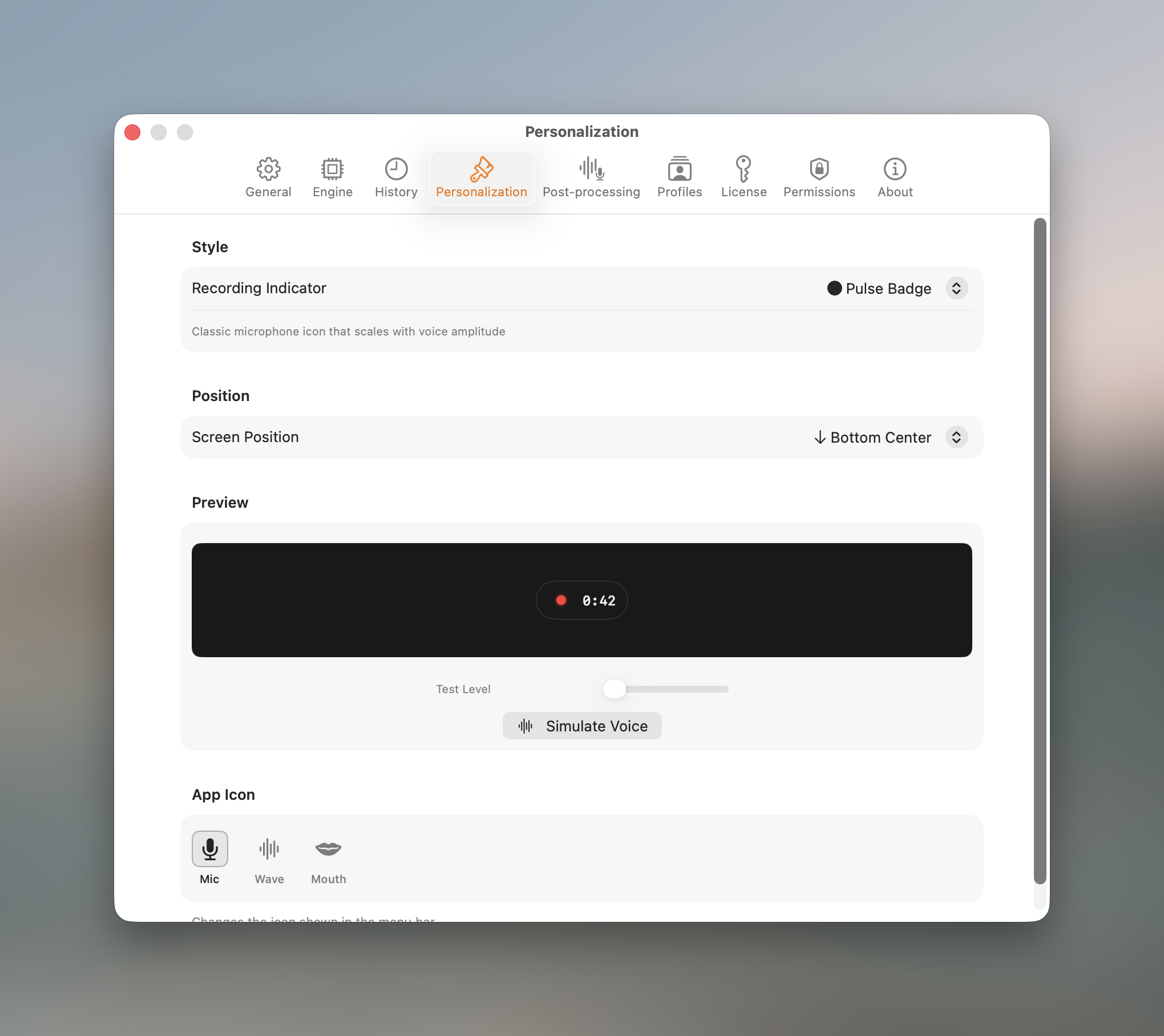 Settings Personalization tab with indicator style picker and live preview
