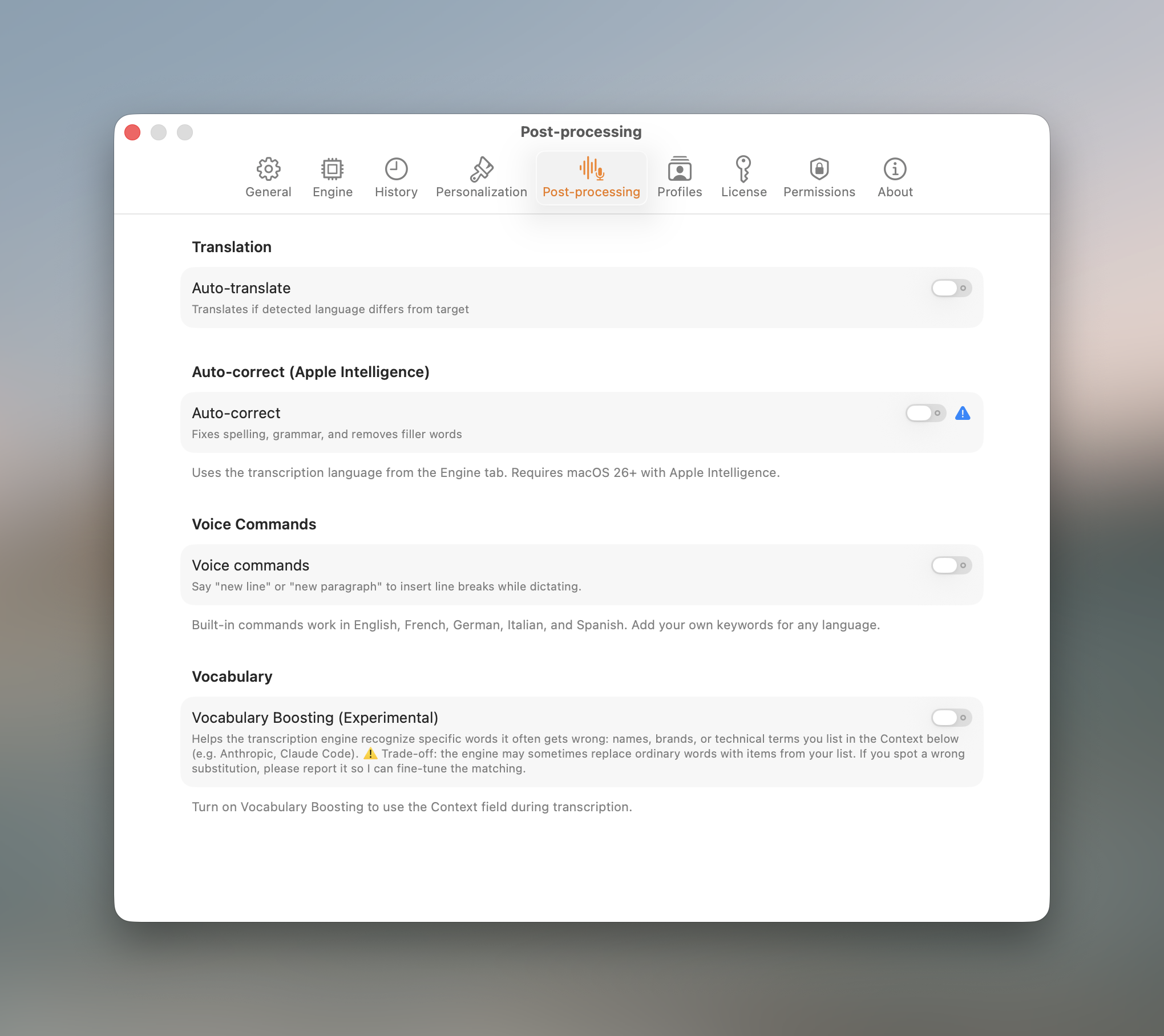 Settings Post-processing tab