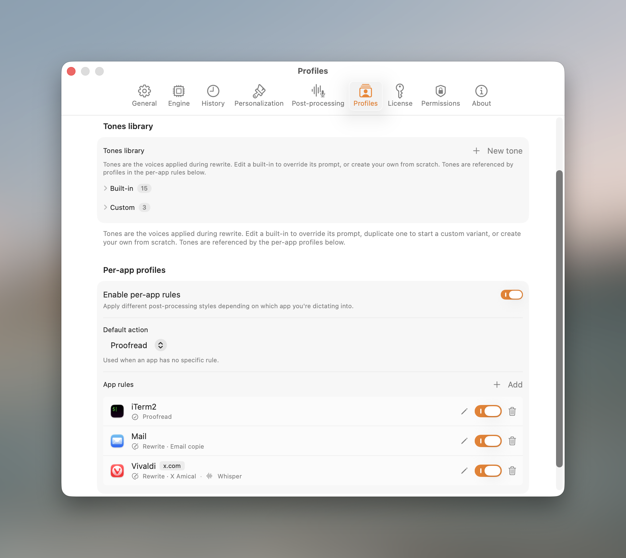 Settings Profiles tab with the tones library and per-app rules